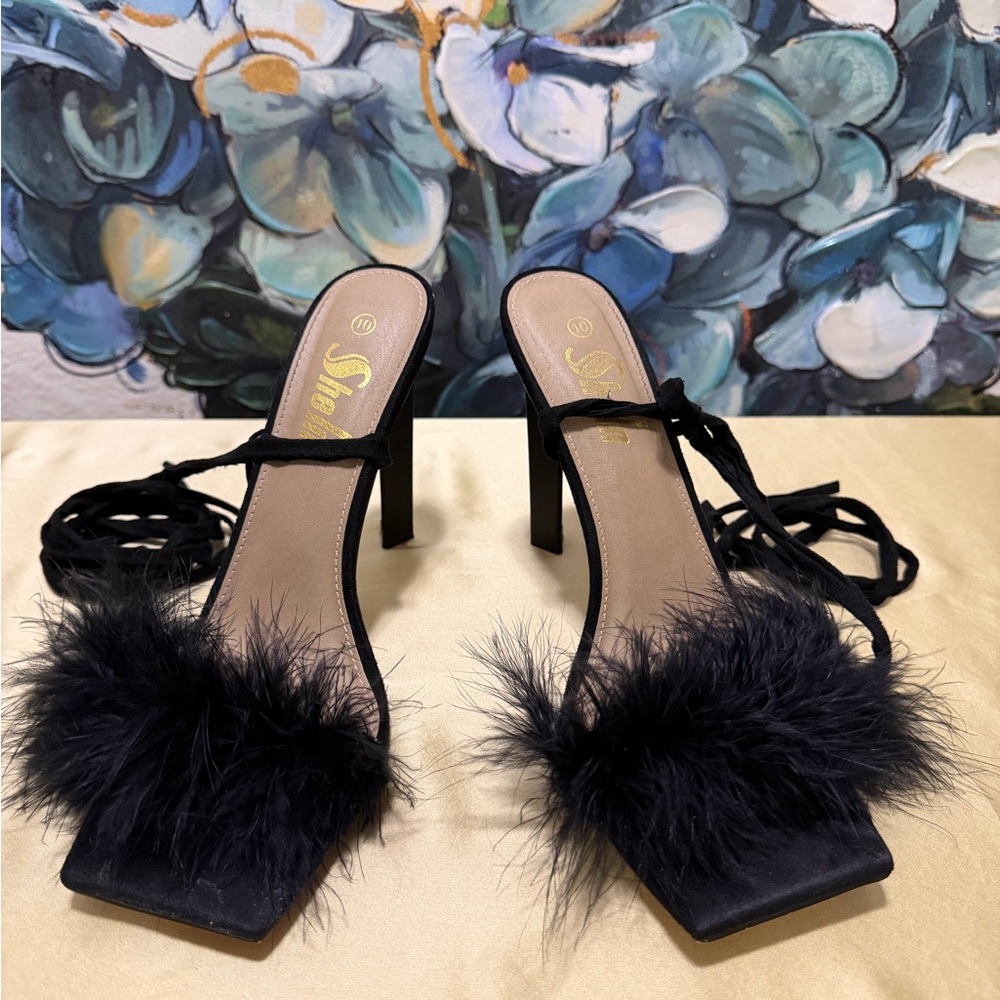 SheIn Black Feather Lace-Up Heels Square Toe Stilettos Heels Size 10 Elegant